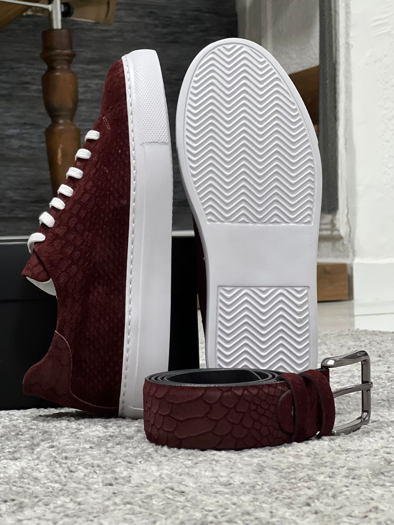 Louis Special Edition Rubber Sole Suede Print Leather Burgundy Sneakers