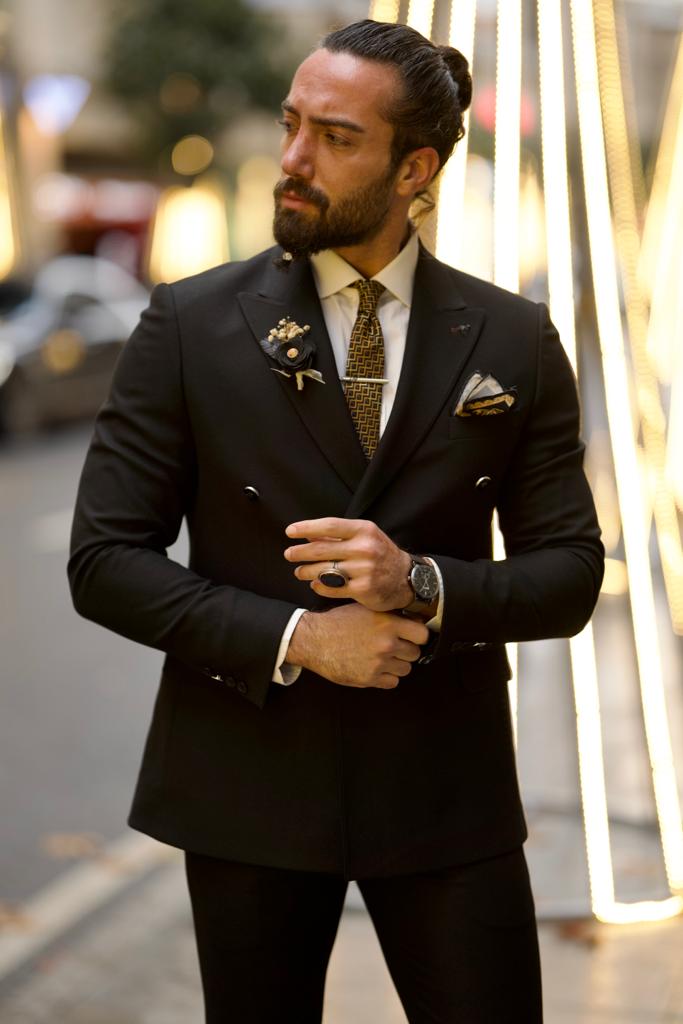 Bojoni Shagori Slim Fit Double Breasted Black Detailed Suit