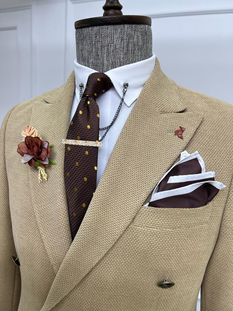 Howard Slim Fit Special Design Double Breasted Beige Jacket