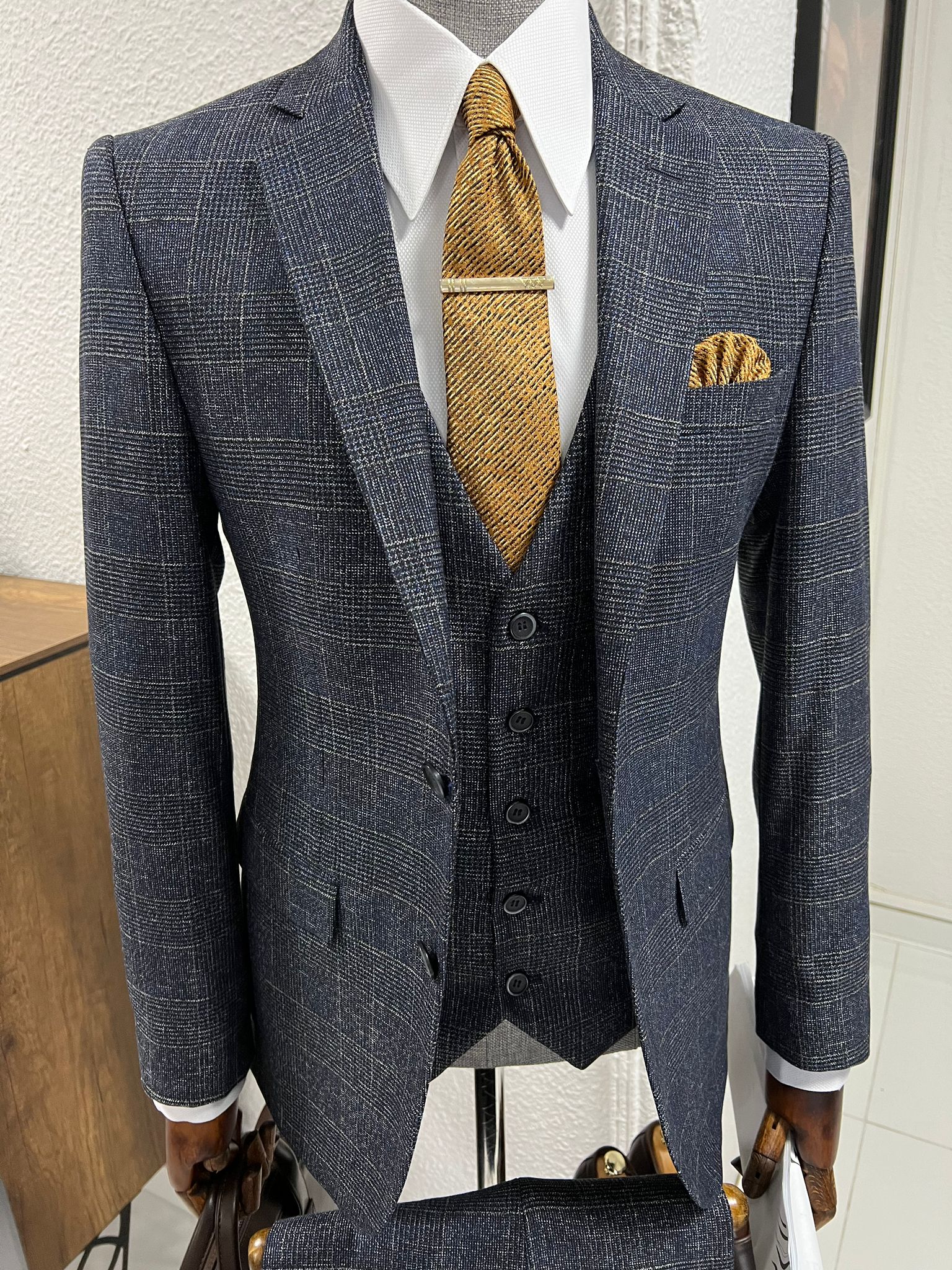 Louis Slim Fit High Quality Navy Plaid Suit