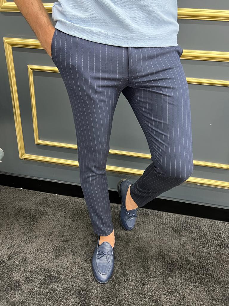 Bojoni Uluwatu Slim Fit Dark Blue Striped Trouser