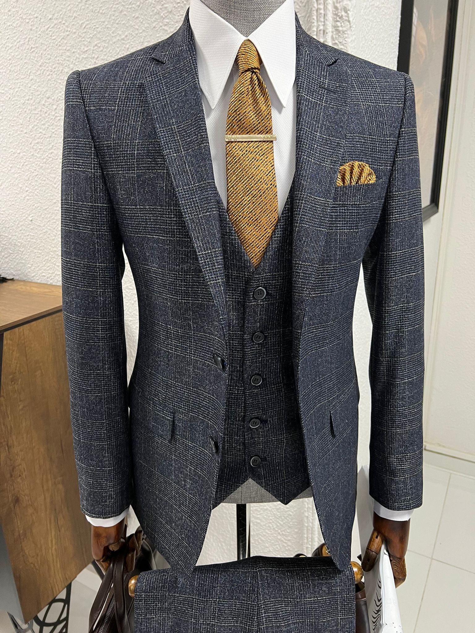 Louis Slim Fit High Quality Navy Plaid Suit