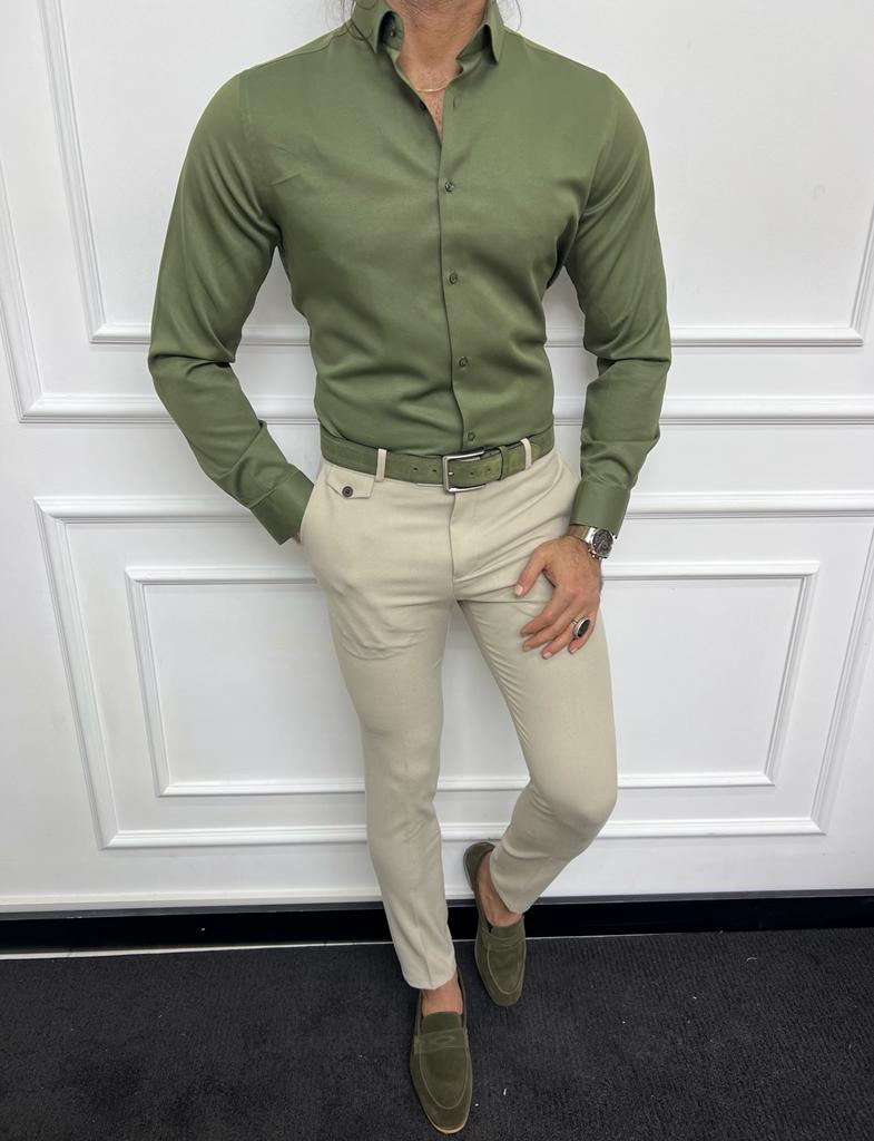Leon Slim Fit Plaid Khaki Shirt