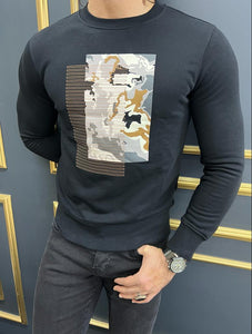 Rick Slim Fit Printed Crew Neck Black Sweater