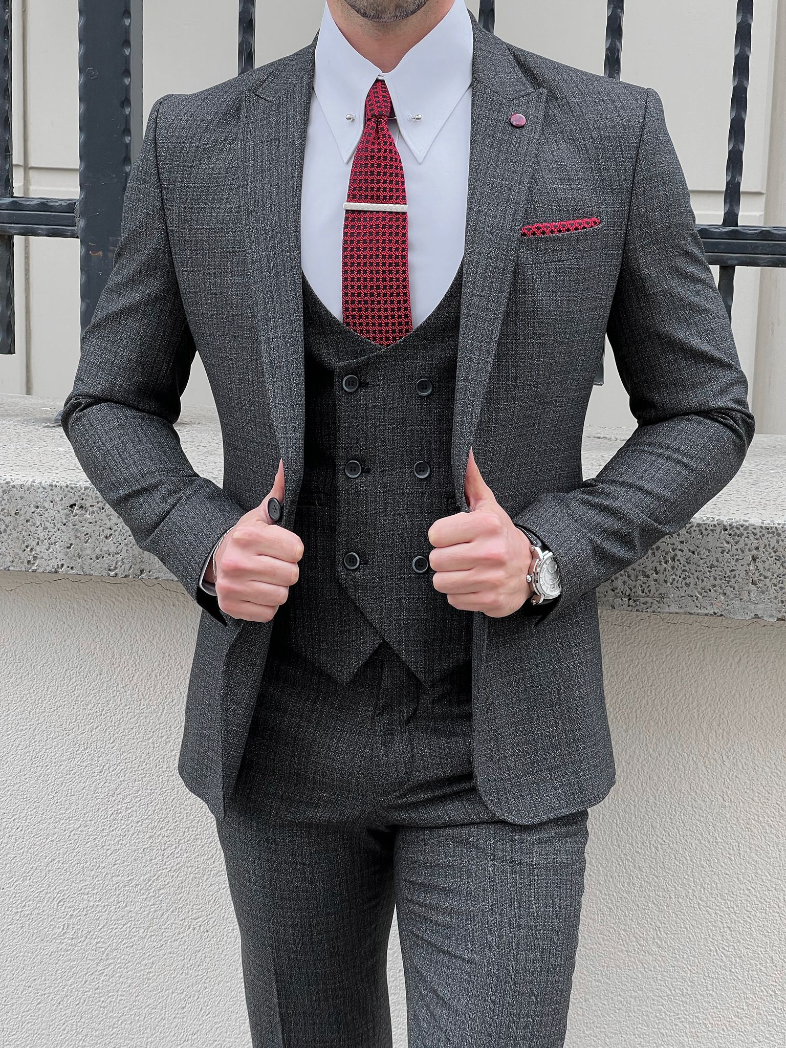 Louis Slim Fit High Quality Patterned Anthracite & Business Suit