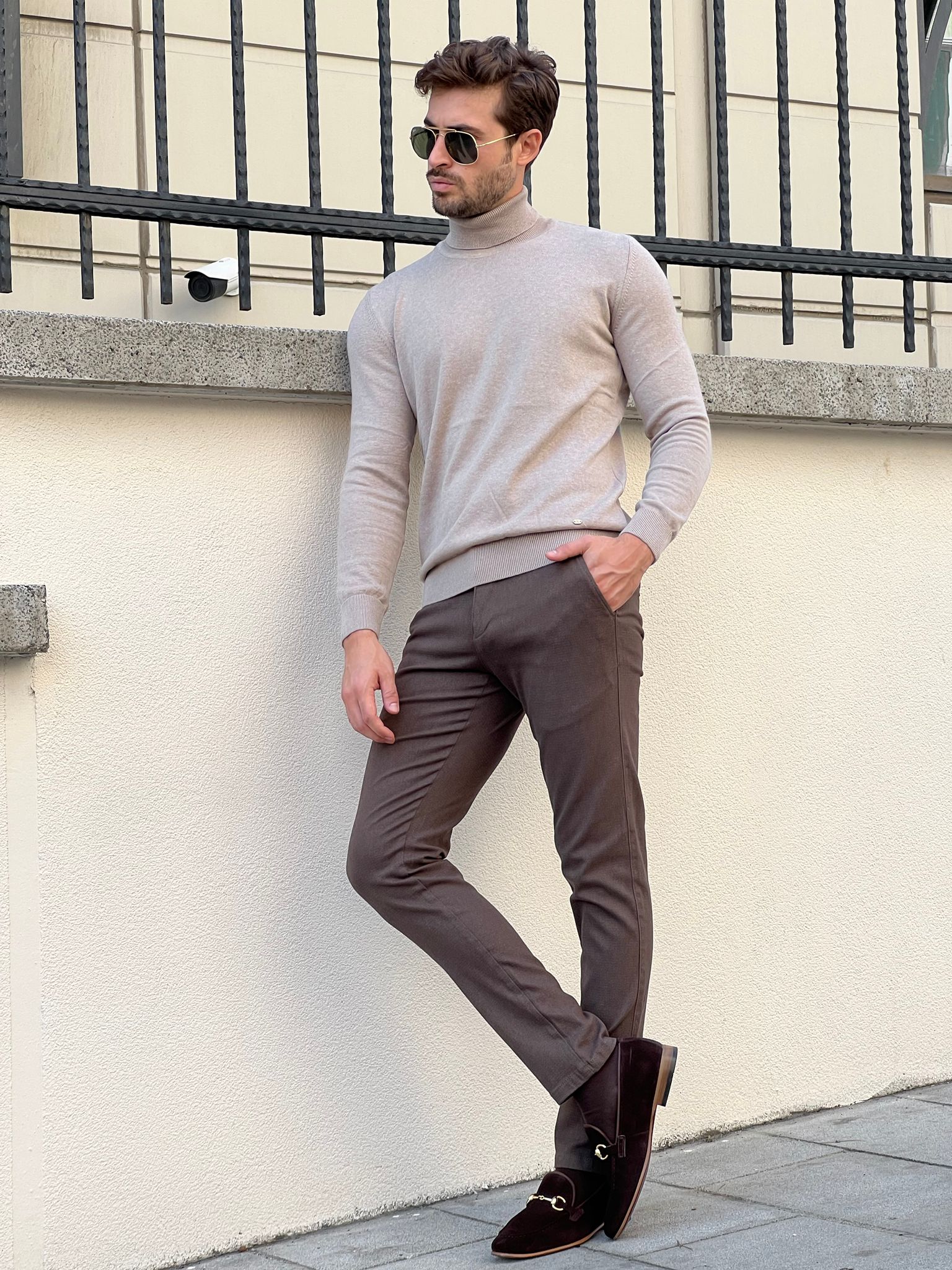 Bojoni Astoria Slim Fit Beige Turtleneck Sweater