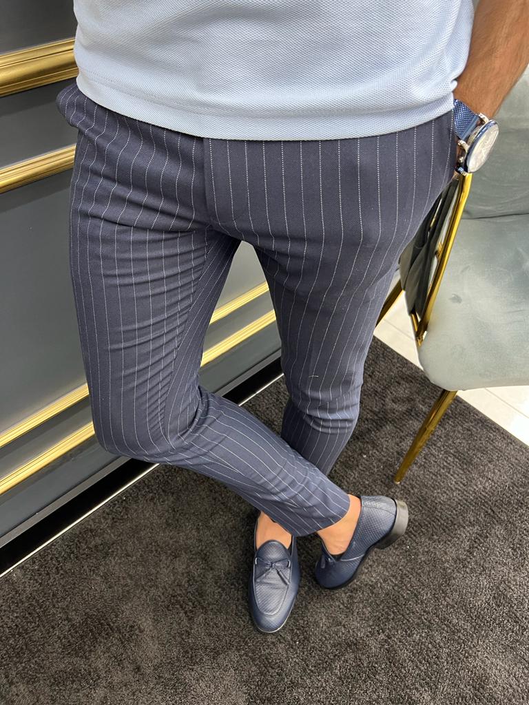 Bojoni Uluwatu Slim Fit Dark Blue Striped Trouser