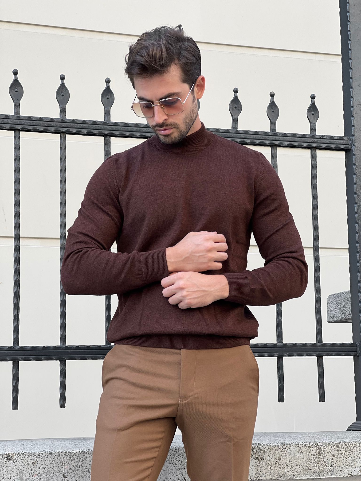 Bojoni Astoria Slim Fit Brown Turtleneck Sweater