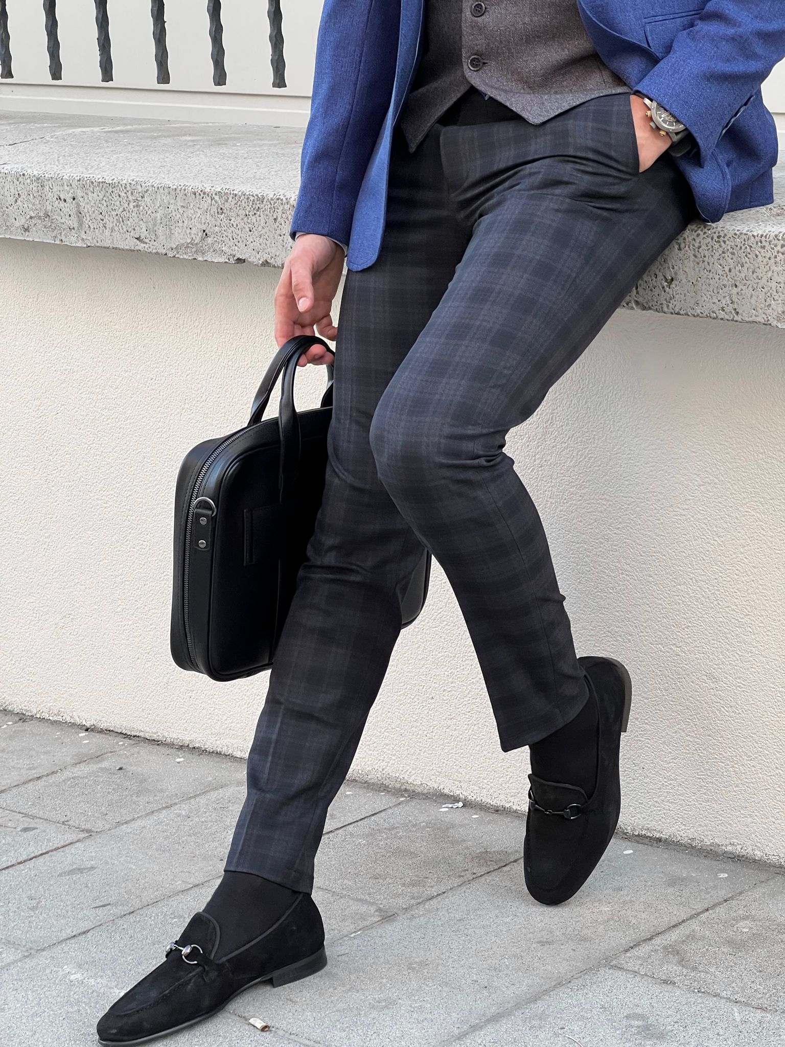 Bojoni Astoria Slim Fit Navy Blue Plaid Woolen Pants