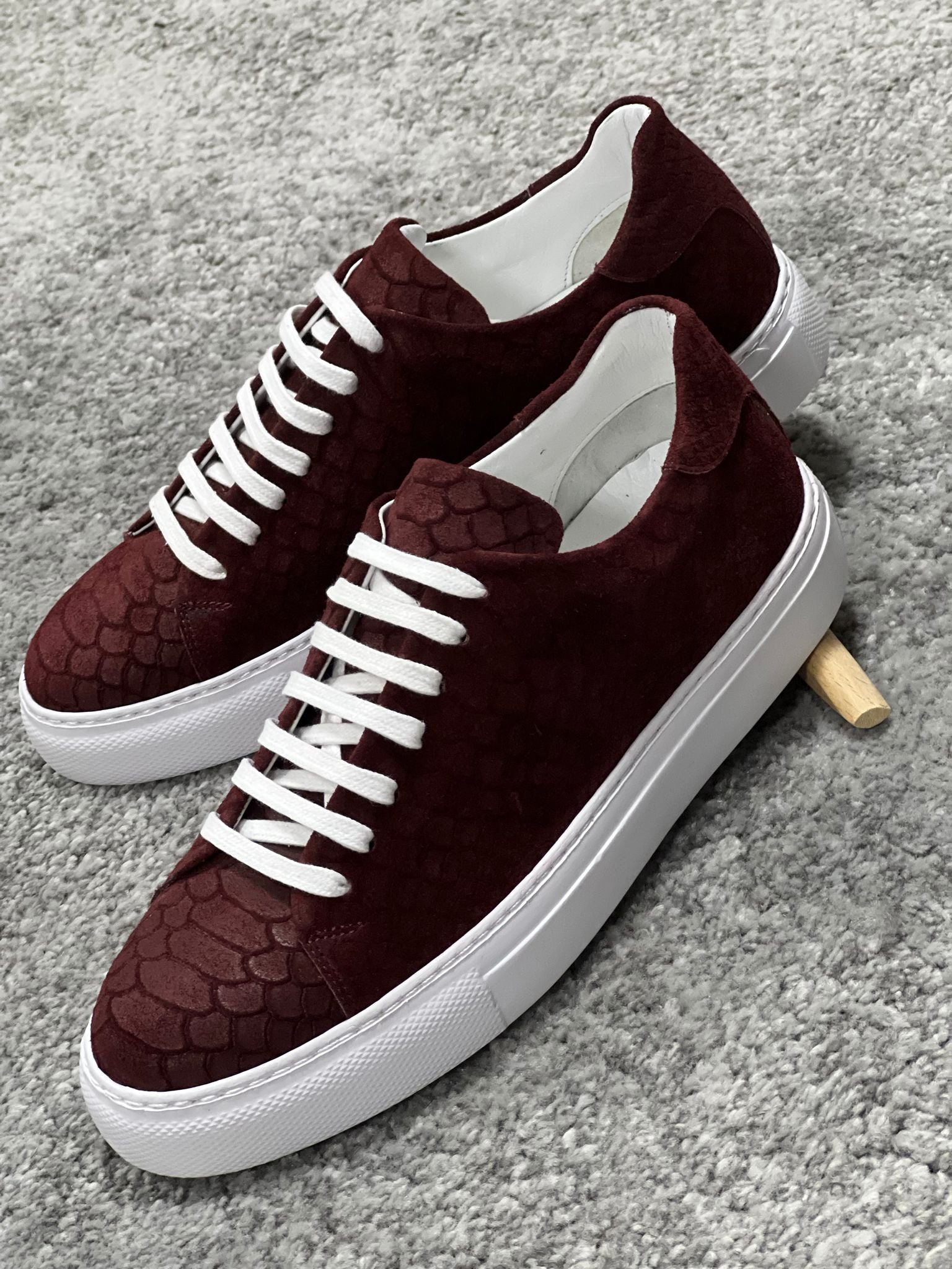 Louis Special Edition Rubber Sole Suede Print Leather Burgundy Sneakers