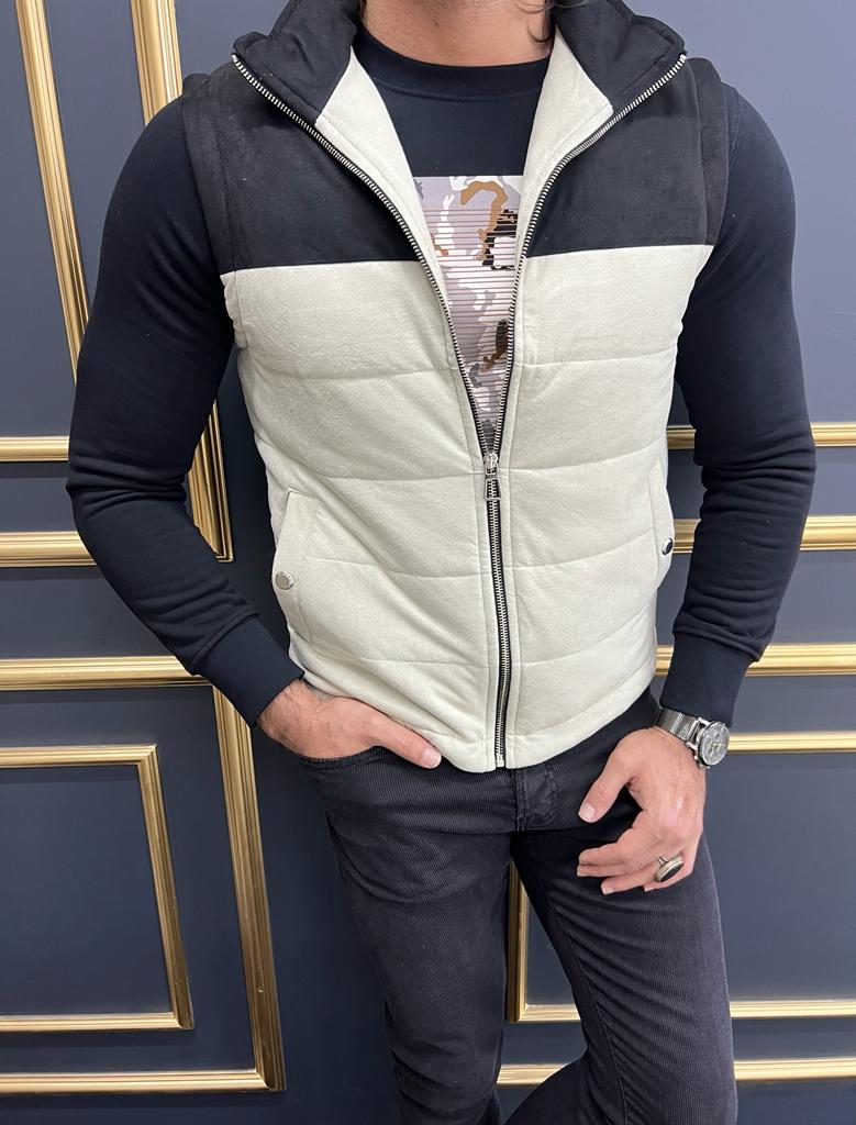 Rick Slim Fit Double Color Detailed Beige Nubuck Vest