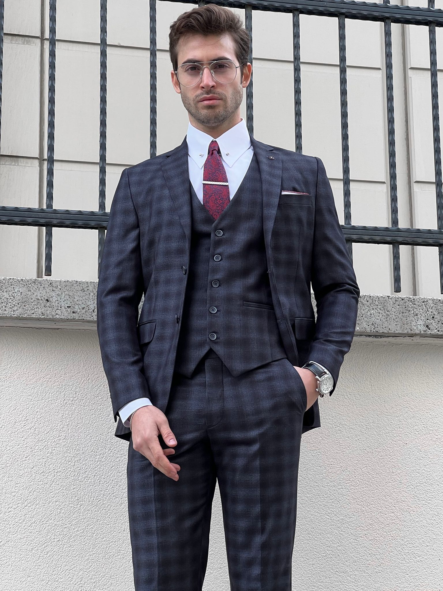 Louis Slim Fit Black & Navy Business Plaid Suit