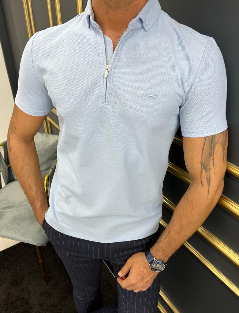 Bojoni Uluwatu Slim Fit Zippered Blue Polo Tees
