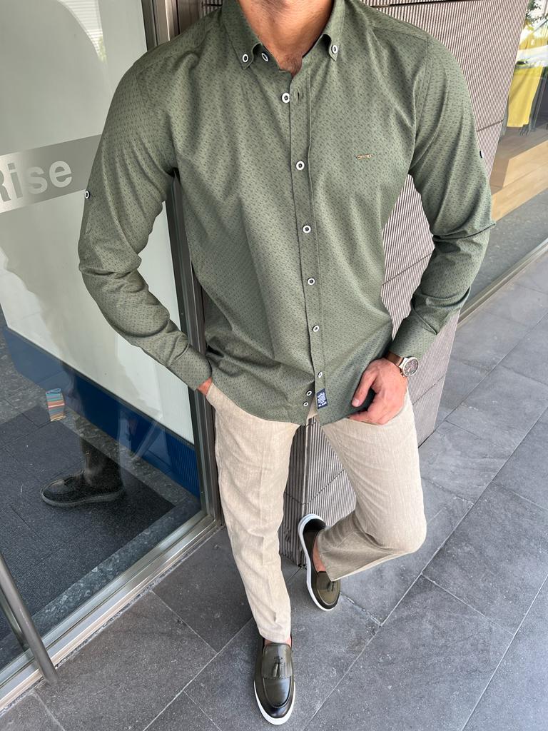 Giovanni Mannelli Slim Fit Khaki Patterned Shirt