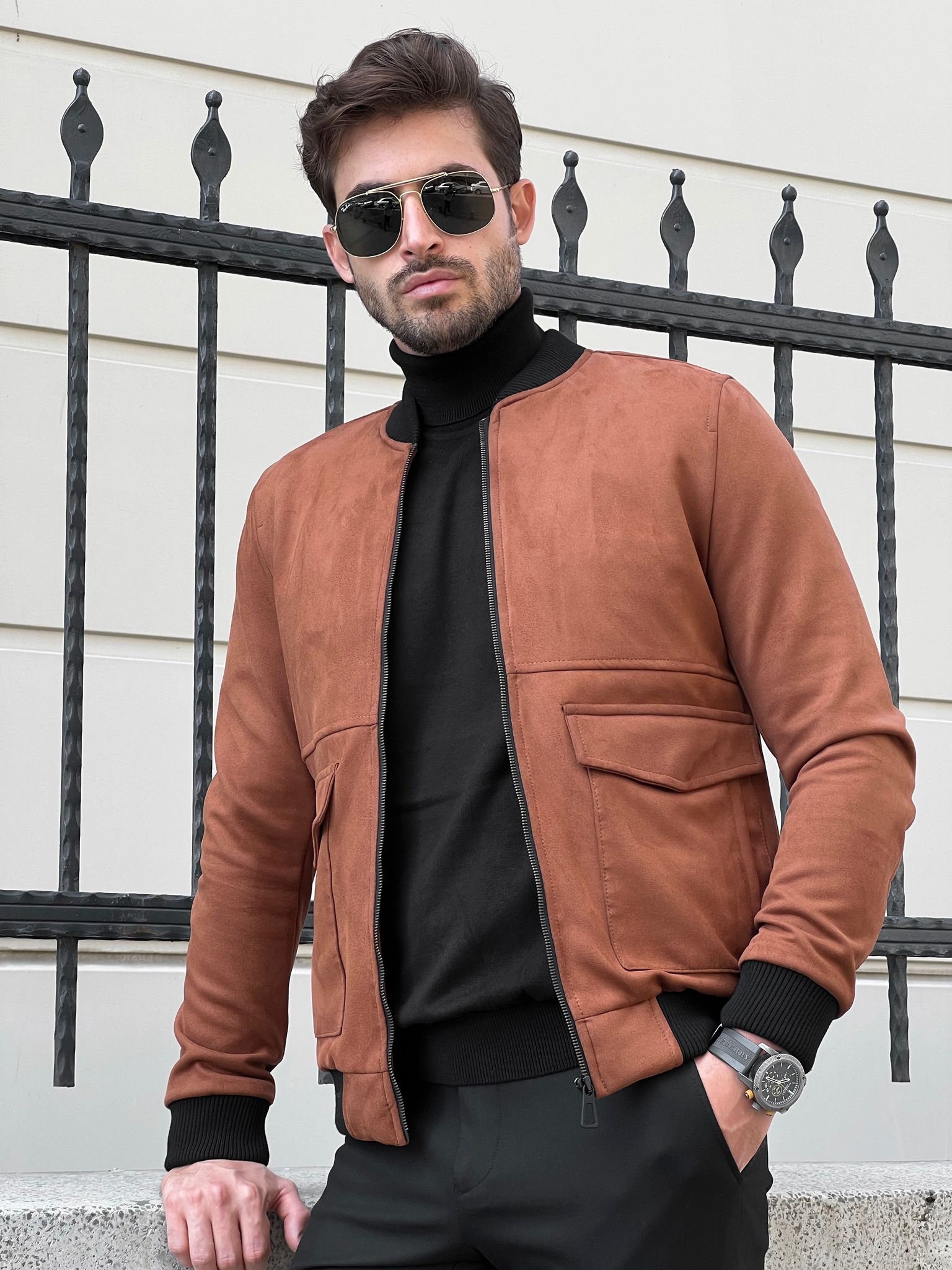 Bojoni Astoria Slim Fit Suede Camel Leather Coat