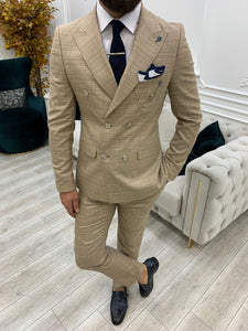 Vince Beige Slim Fit Double Breasted Striped Suit-baagr.myshopify.com-1-BOJONI