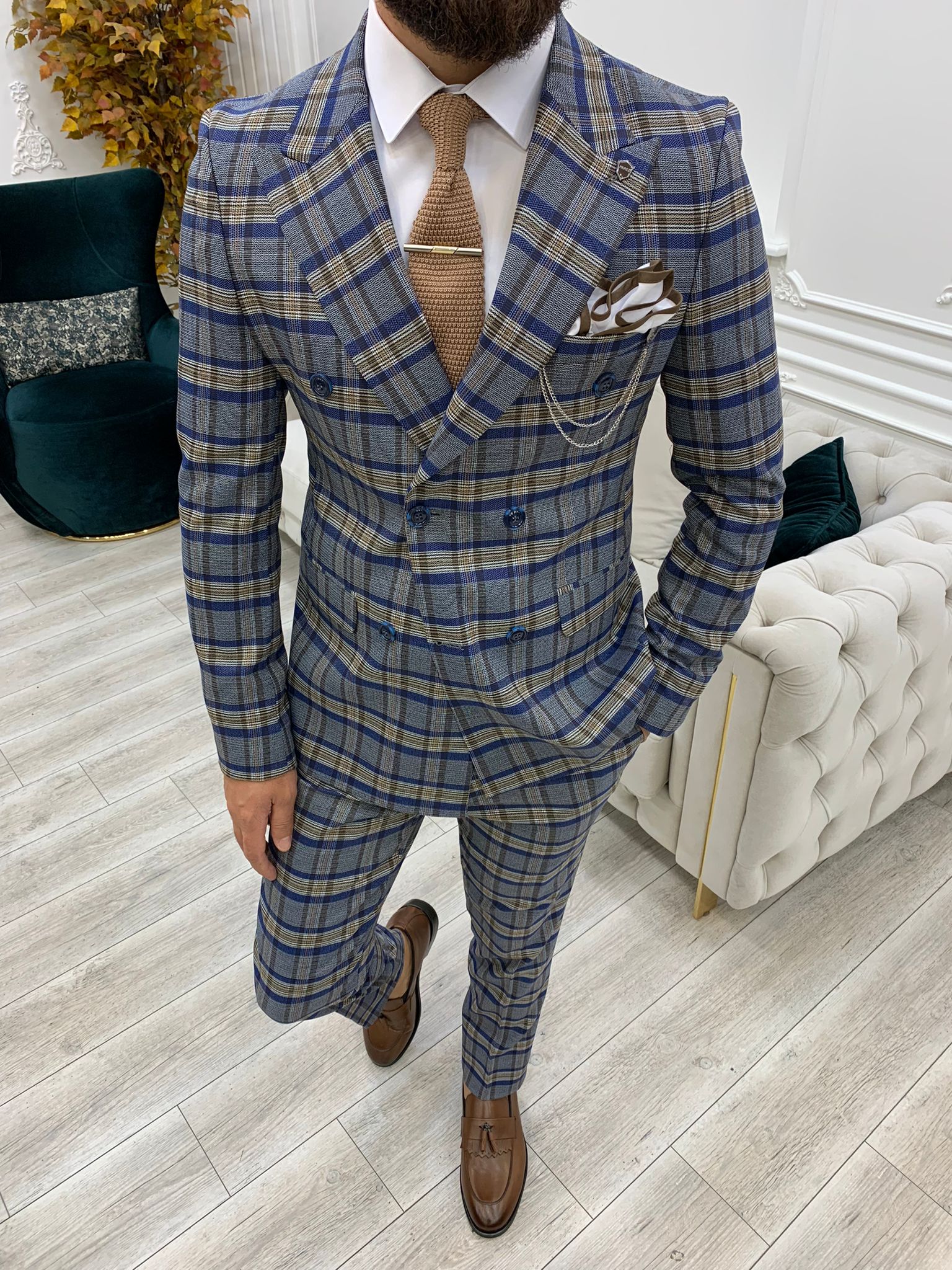 Vince Blue Slim Fit Double Breasted Plaid Suit-baagr.myshopify.com-1-BOJONI