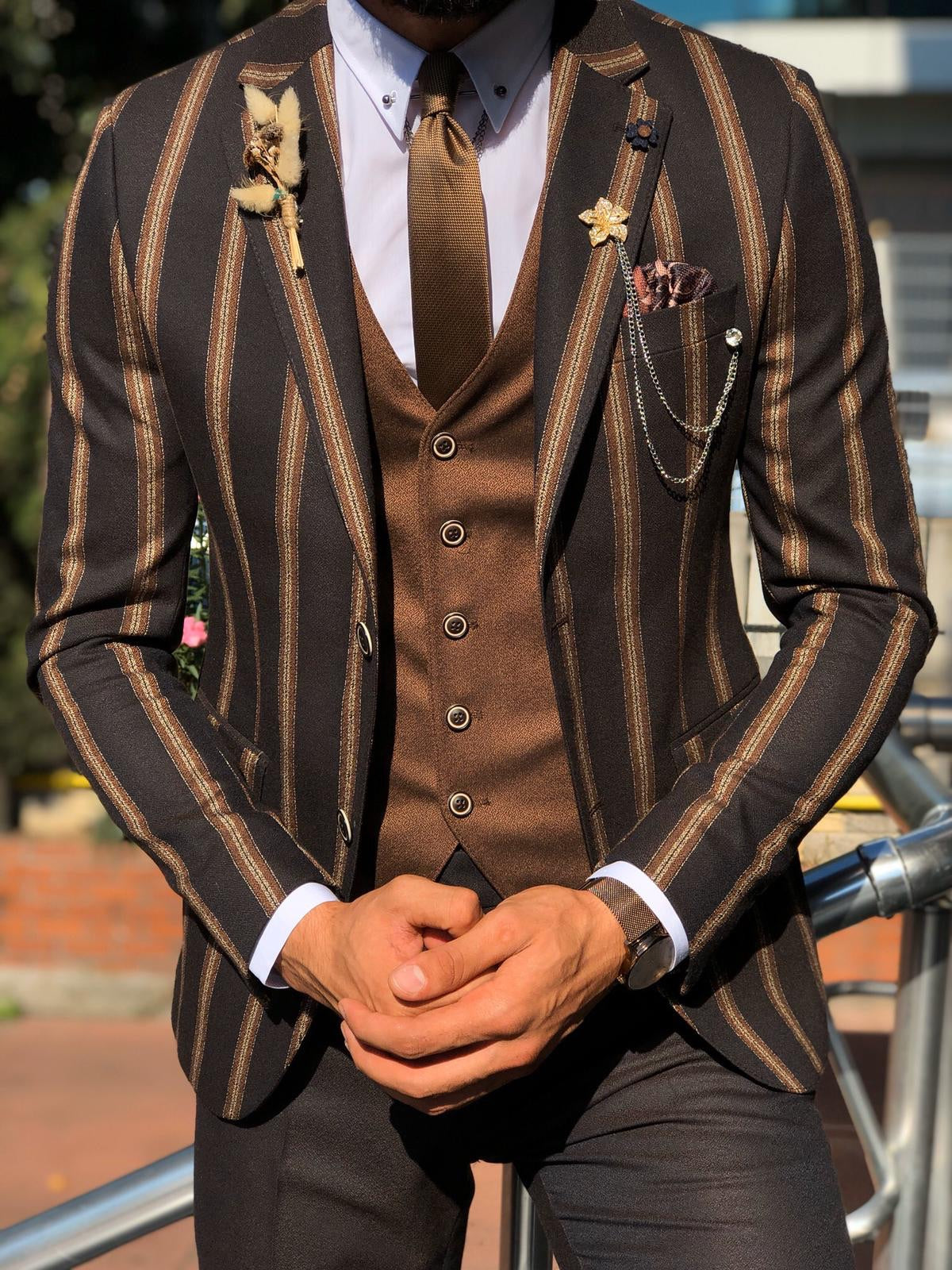 Lazi Slim-Fit Striped Suit Vest Brown-baagr.myshopify.com-suit-BOJONI