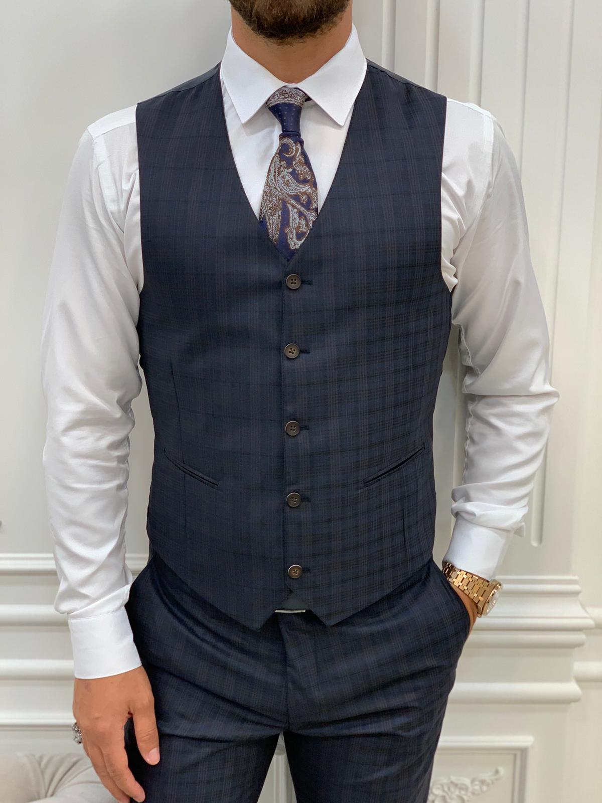 Bojoni Dayton Navy Blue  Plaid Slim Fit Suit