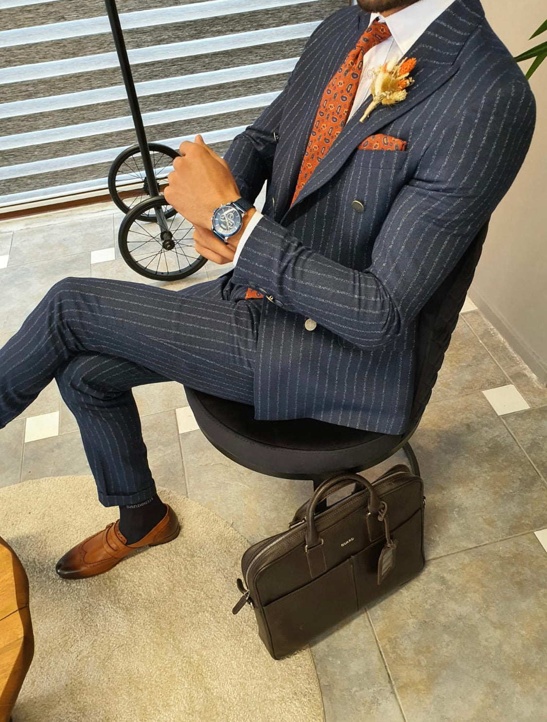 Genova Navy Blue Slim Fit Pinstripe Double Breasted Suit-baagr.myshopify.com-suit-BOJONI