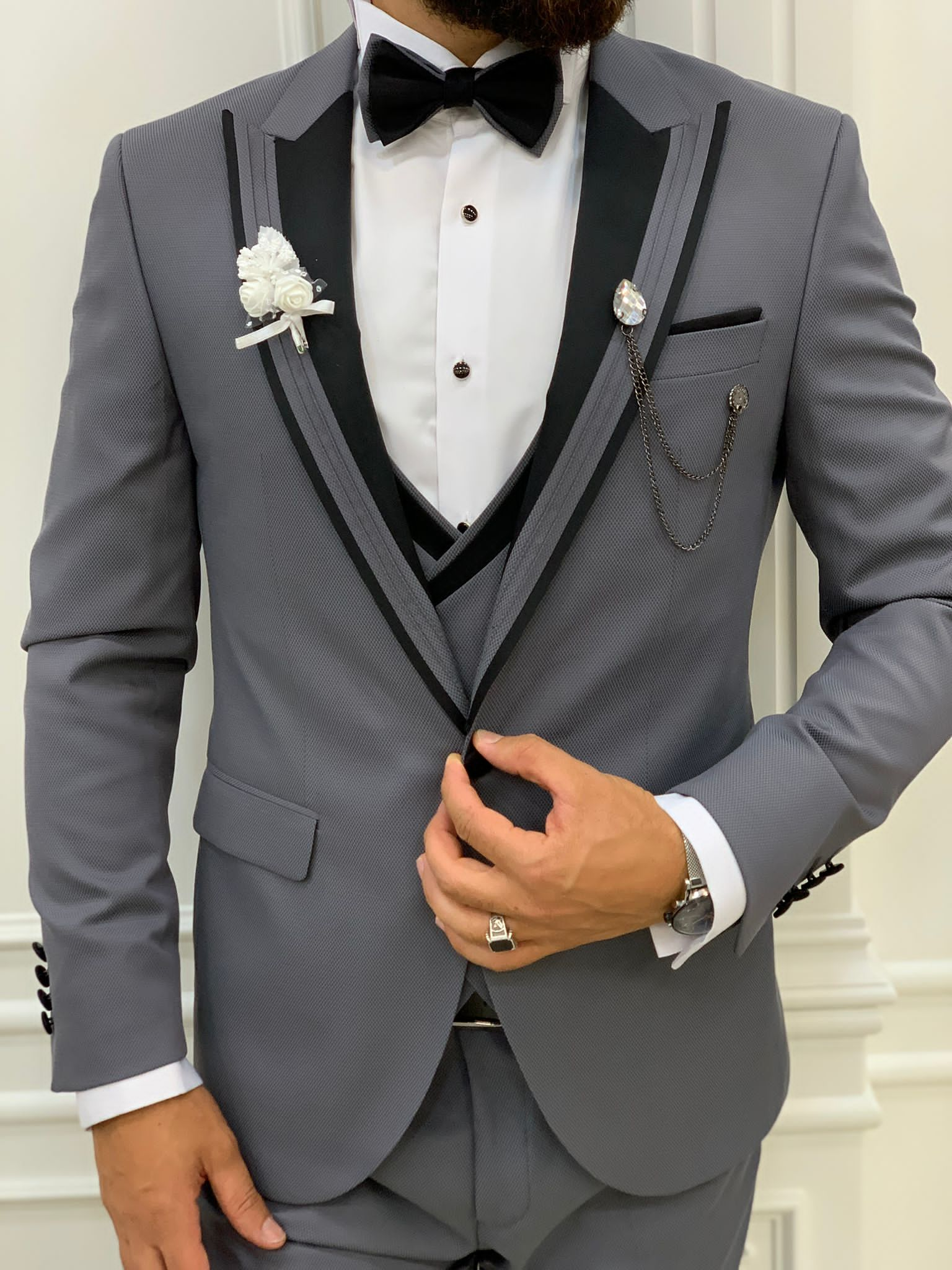 Fettachi Gray Slim Fit Peak Lapel Tuxedo-baagr.myshopify.com-1-BOJONI