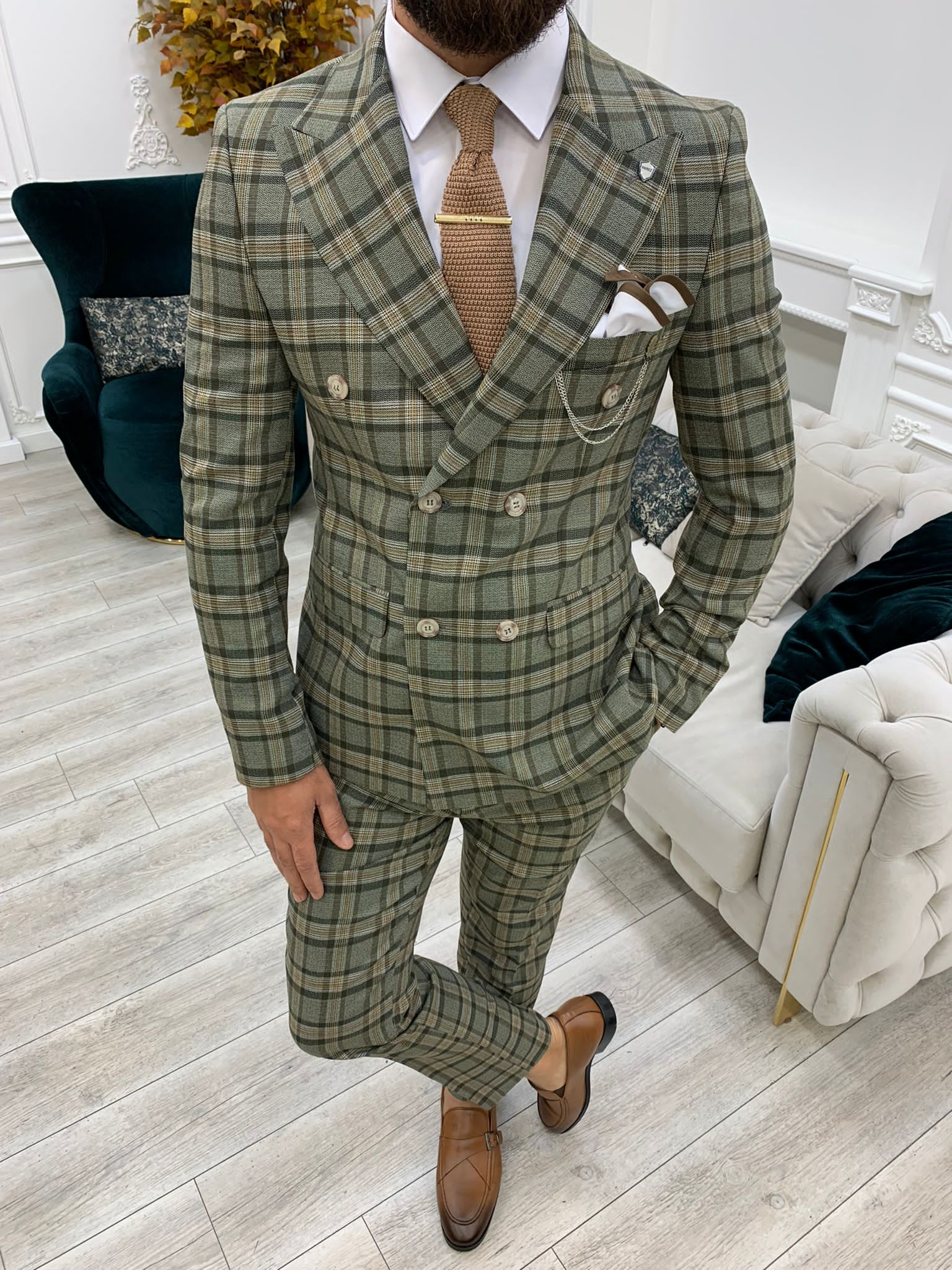 Vince Khaki Slim Fit Double Breasted Plaid Suit-baagr.myshopify.com-1-BOJONI