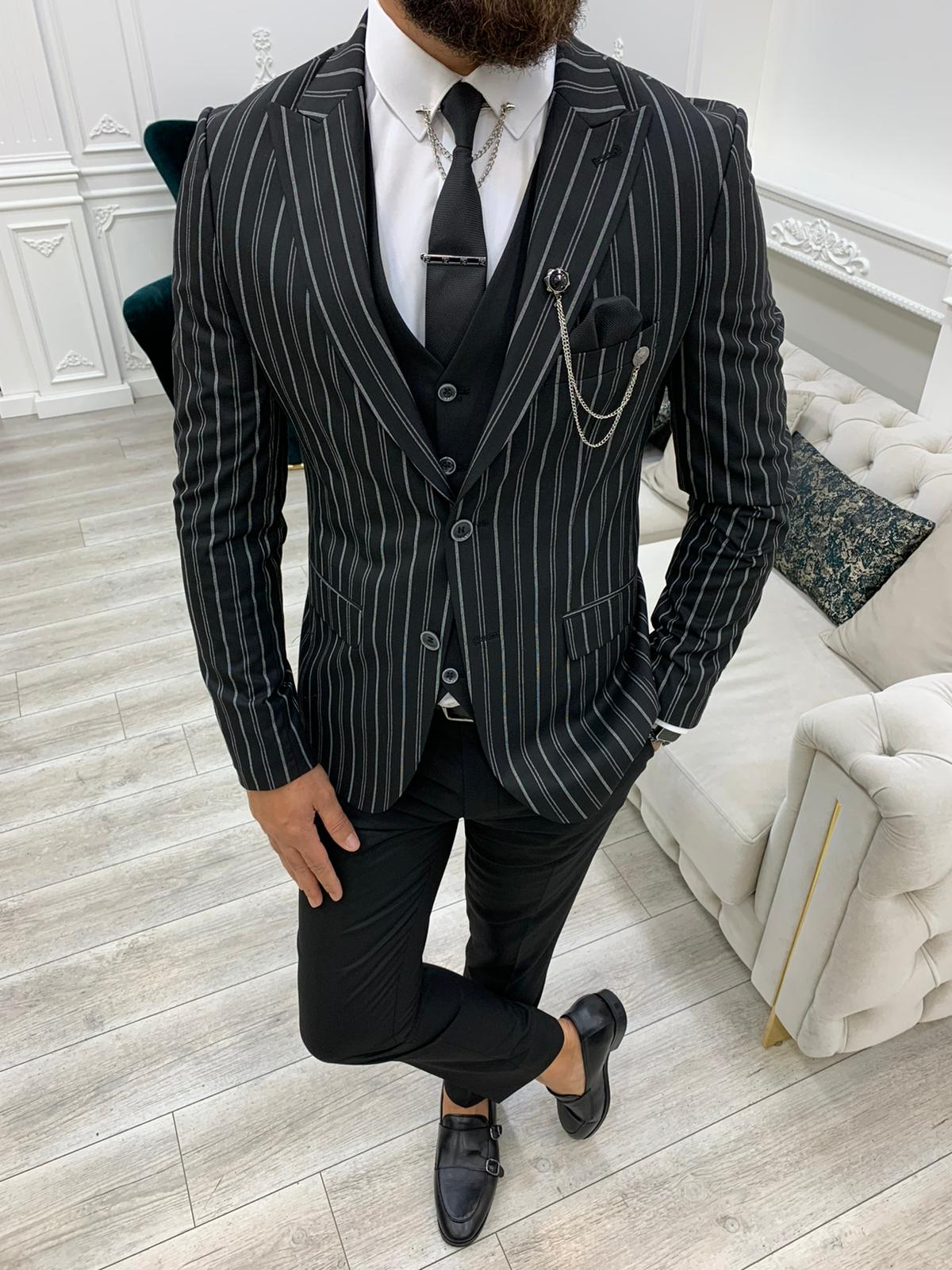 Lambrusco Black  Slim Fit Peak Lapel Striped Suit-baagr.myshopify.com-1-BOJONI