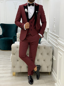 Fettachi Burgundy Slim Fit Velvet Peak Lapel Tuxedo-baagr.myshopify.com-1-BOJONI