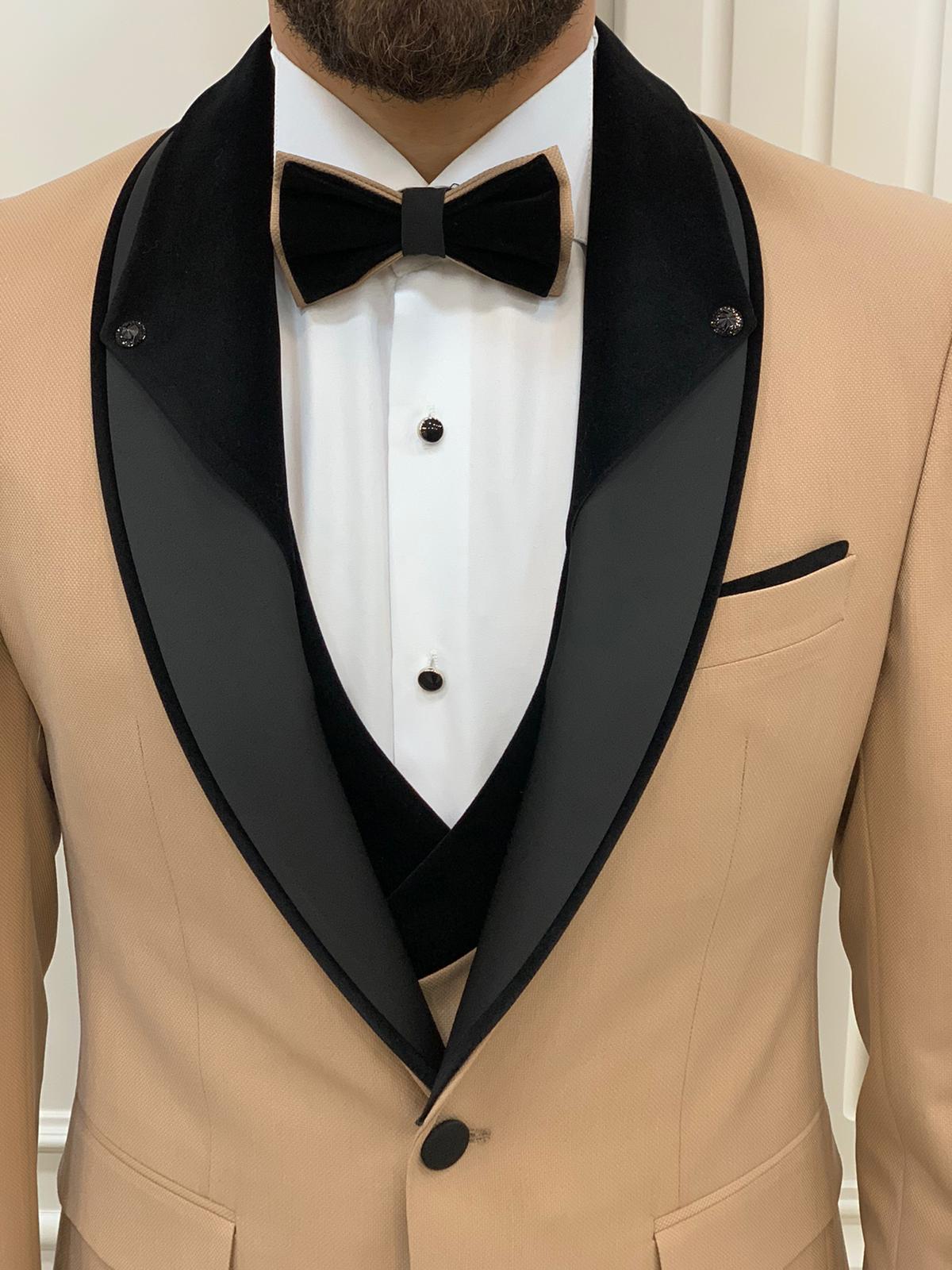 Bojoni Tishko Cream Velvet Shawl Collar Slim Fit Tuxedo