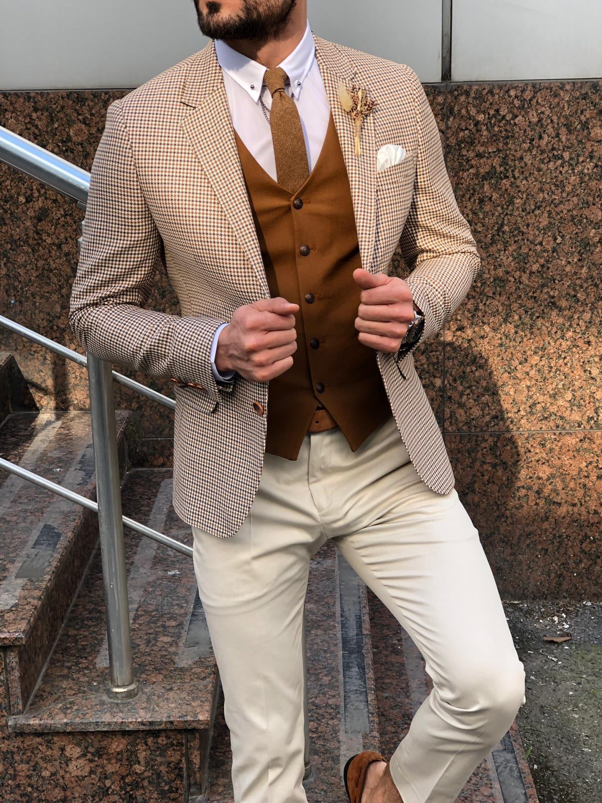 Slim-Fit Plaid Suit Vest Camel-baagr.myshopify.com-suit-BOJONI