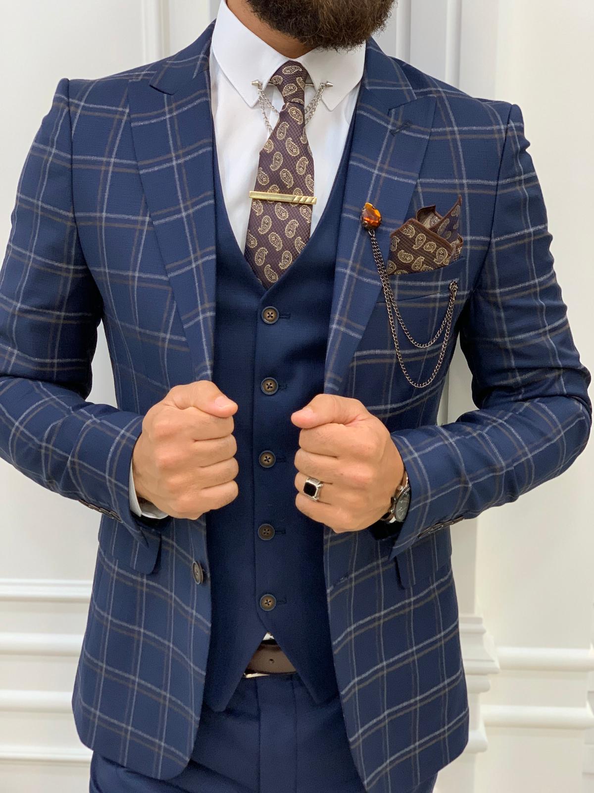 Argeli Navy Blue Plaid Slim Fit Suit-baagr.myshopify.com-1-BOJONI