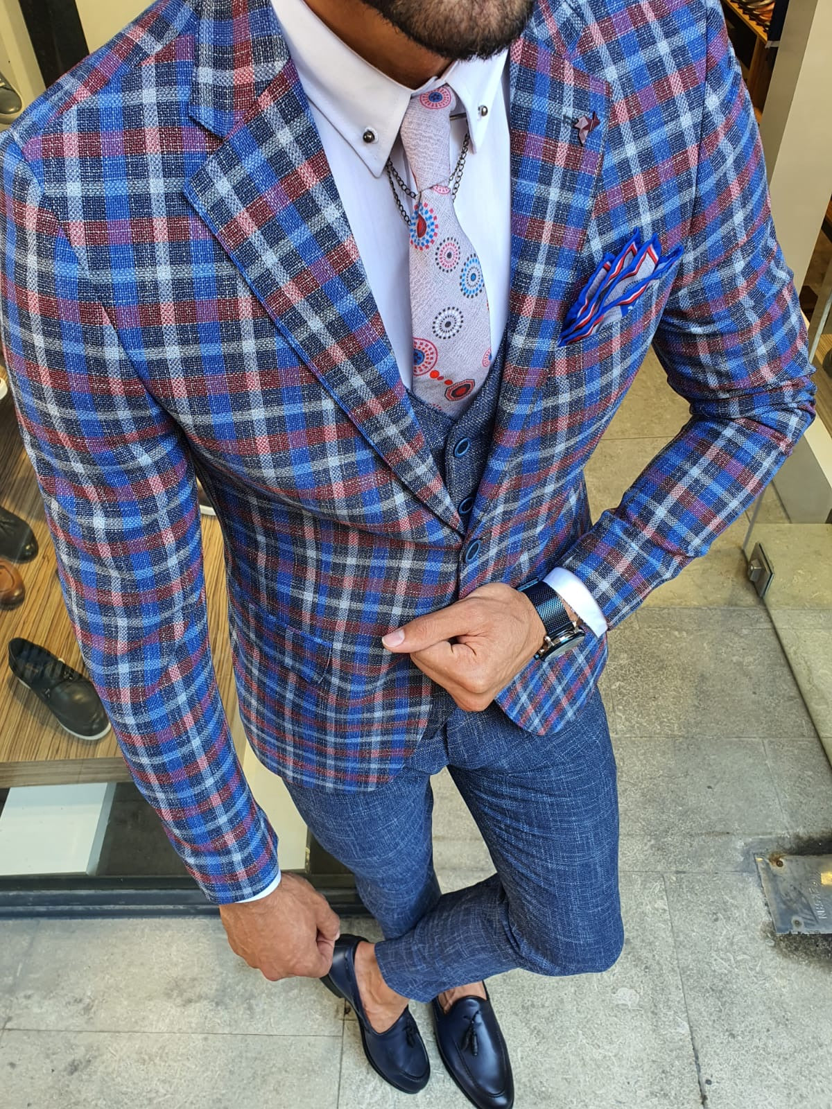 Caravajo Navy Blue Slim Fit Plaid Check Suit-baagr.myshopify.com-suit-BOJONI