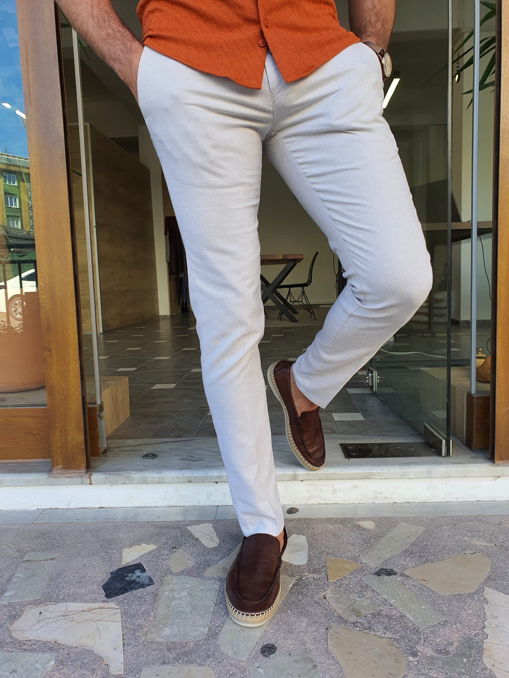 Mantova Beige Slim Fit Cotton Pants-baagr.myshopify.com-Pants-BOJONI