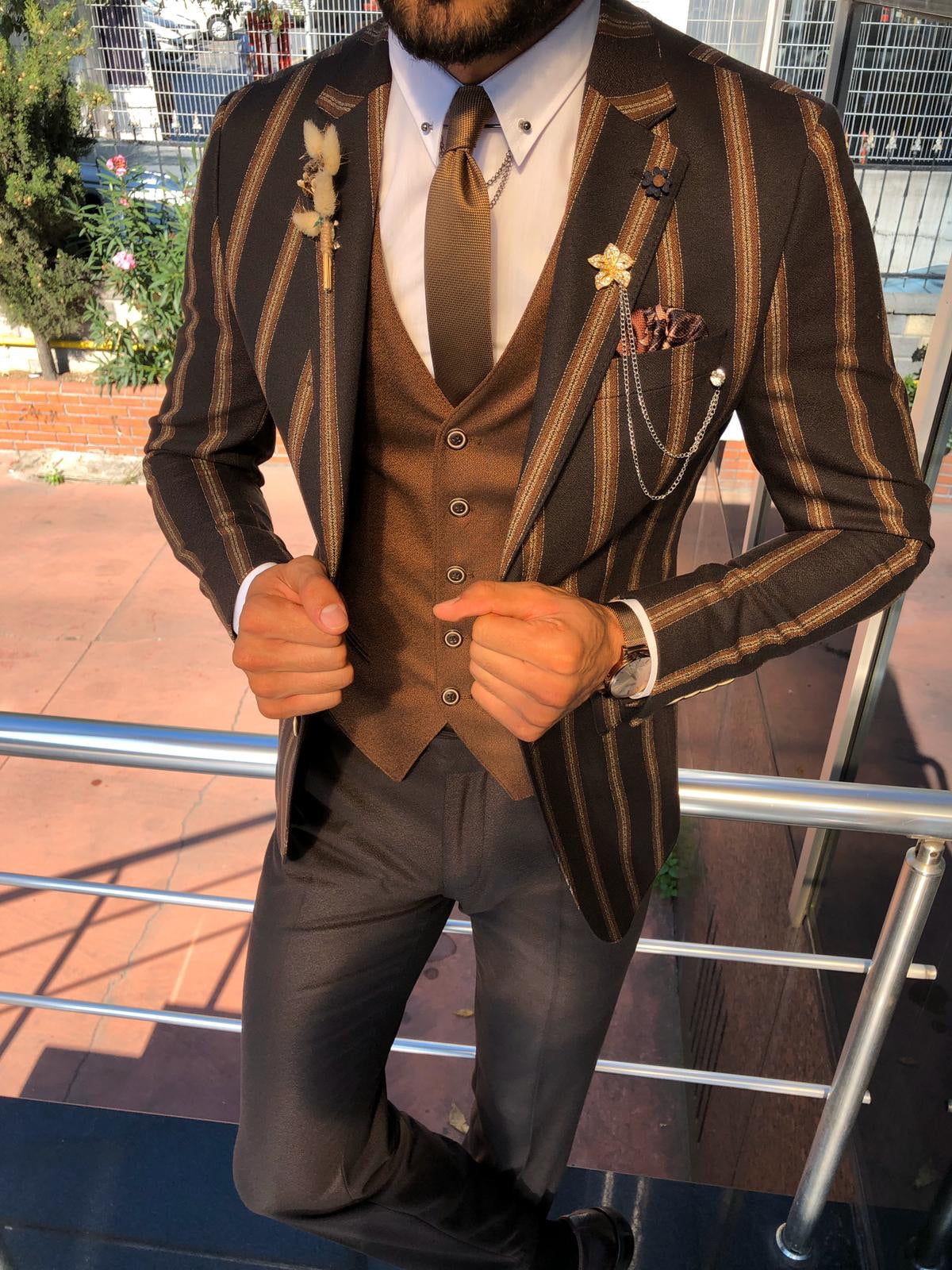 Lazi Slim-Fit Striped Suit Vest Brown-baagr.myshopify.com-suit-BOJONI