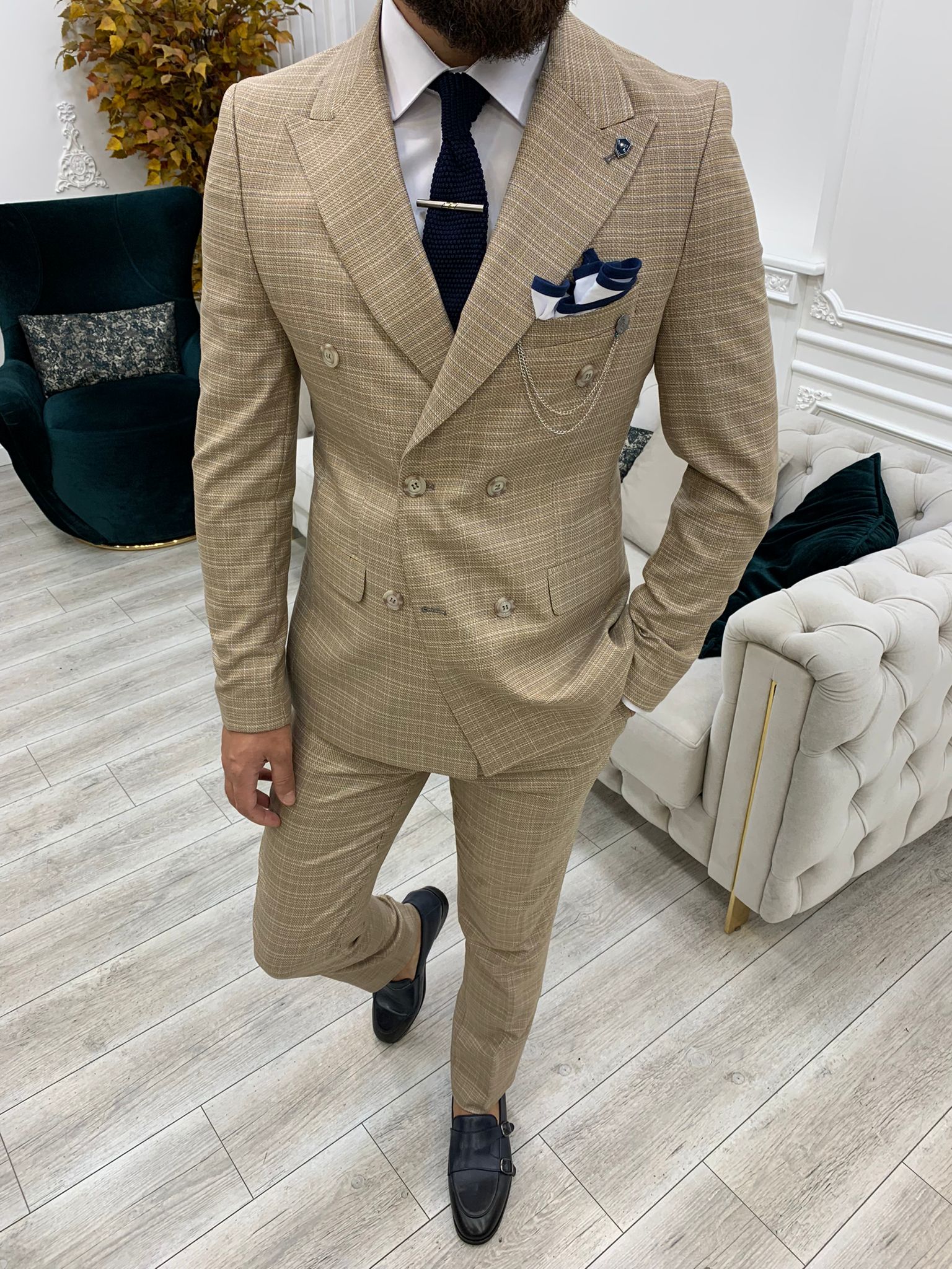 Vince Beige Slim Fit Double Breasted Striped Suit-baagr.myshopify.com-1-BOJONI