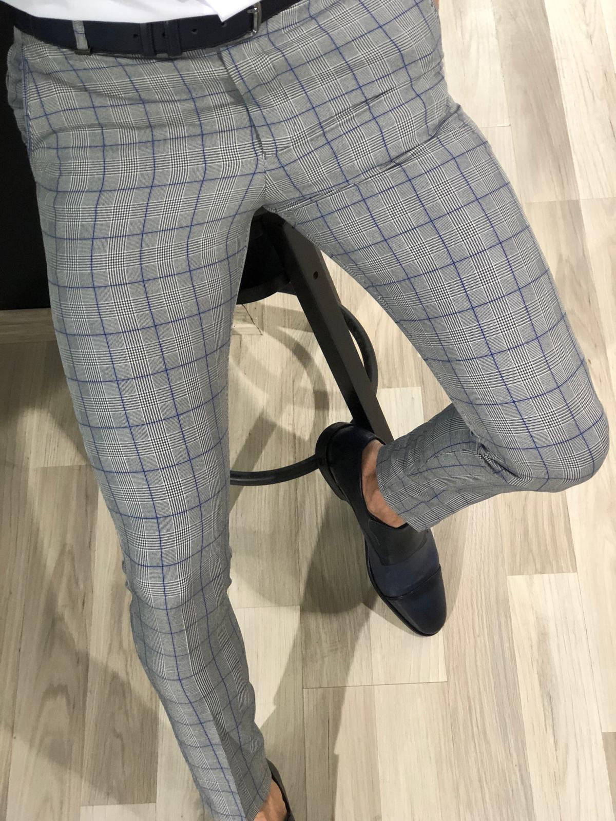 Ferra Slim Fit Plaid Pants in Blue-baagr.myshopify.com-Pants-BOJONI