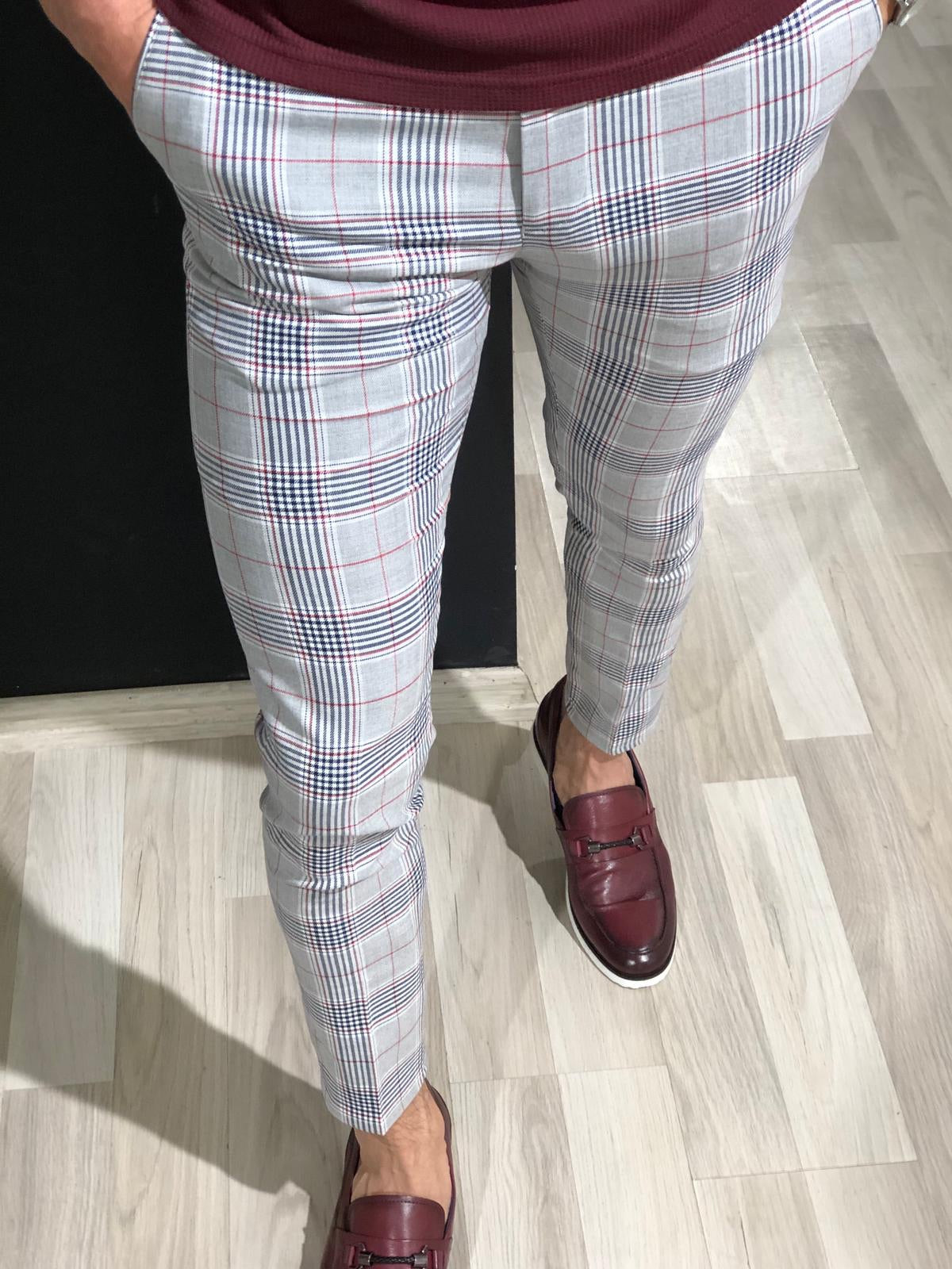 Slim Fit Plaid Pants in Claret Red-baagr.myshopify.com-Pants-BOJONI