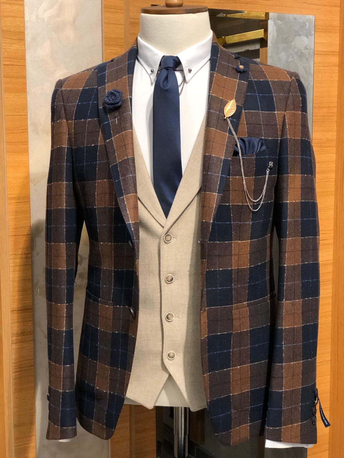 Planc Slim-Fit Plaid Wool Suit Dark Blue & Tile-baagr.myshopify.com-suit-BOJONI