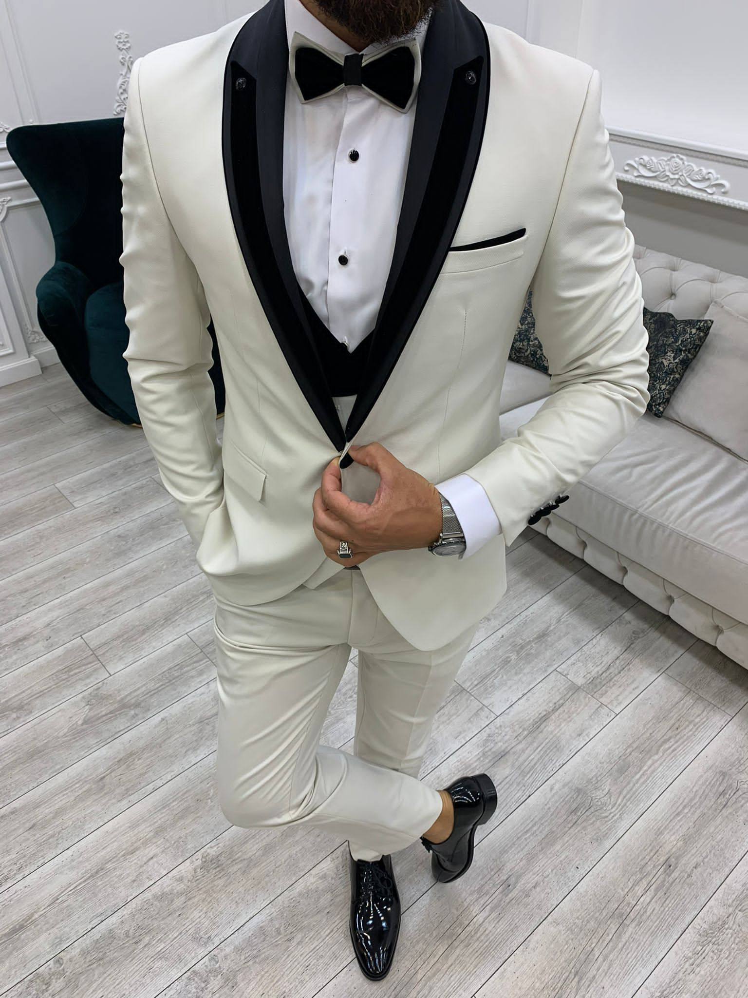 Fettachi White Slim Fit Velvet Peak Lapel Tuxedo-baagr.myshopify.com-1-BOJONI