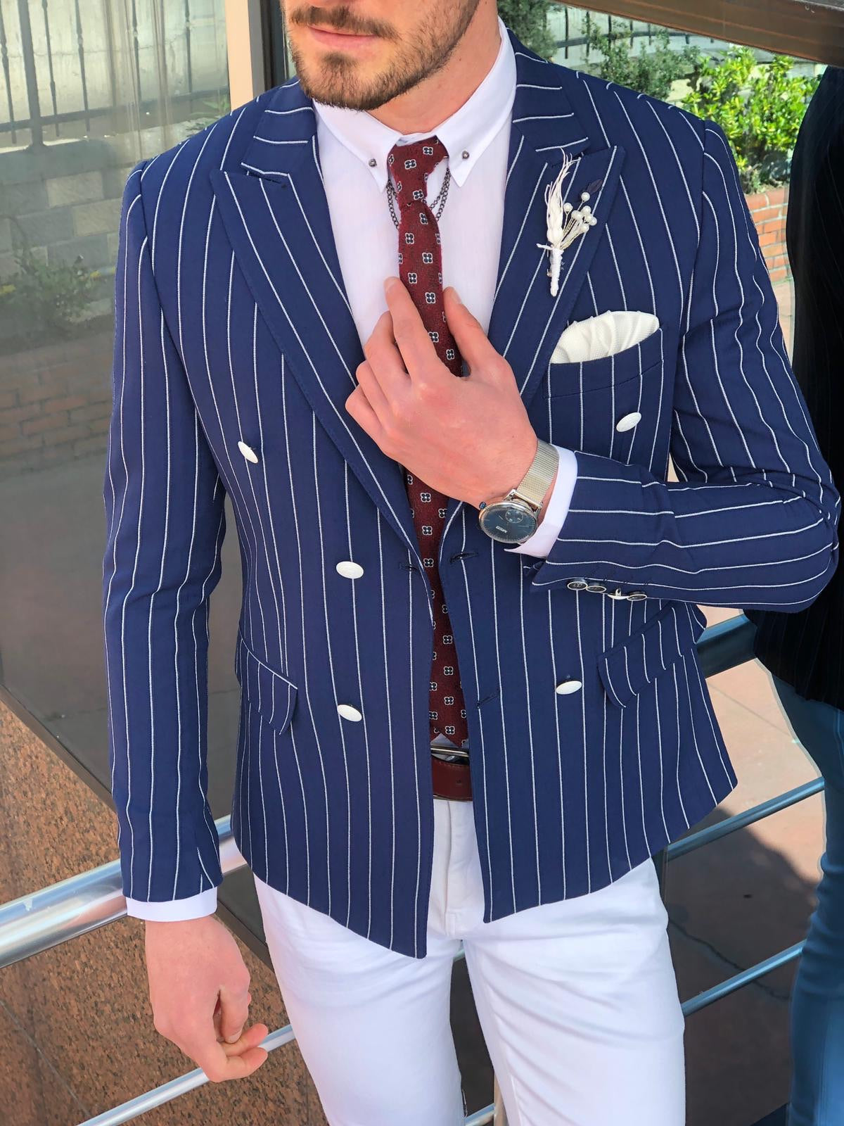 Stenos Slim-Fit Double Breasted Blazer in Blue-baagr.myshopify.com-suit-BOJONI