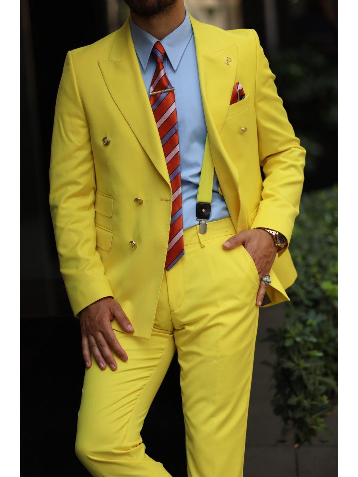 Bojoni Lerno Yellow Slim Fit Double Breasted Suit