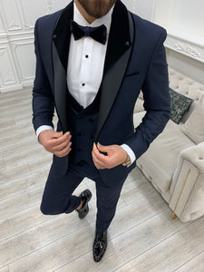 Bojoni Valencia Navy Blue Shawl Velvet Collar Slim Fit Tuxedo