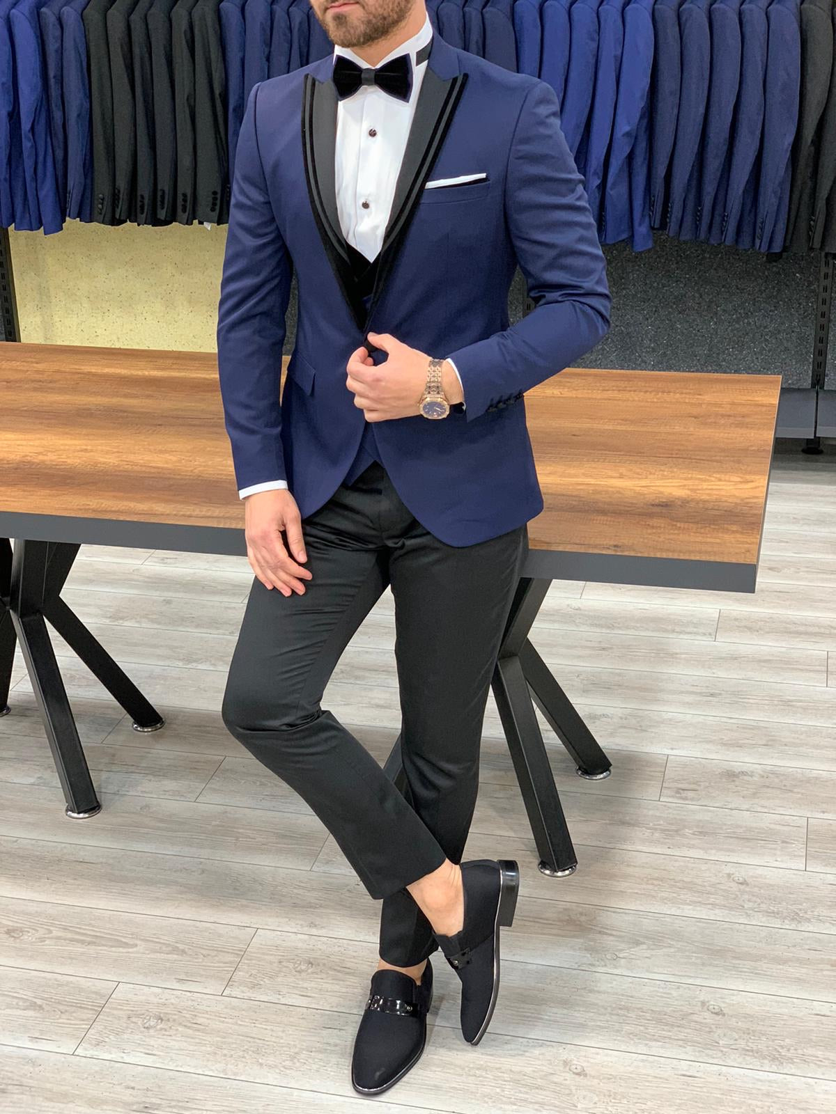 Paruri Royal Velvet Slim Fit Navy Blue Tuxedo-baagr.myshopify.com-1-BOJONI