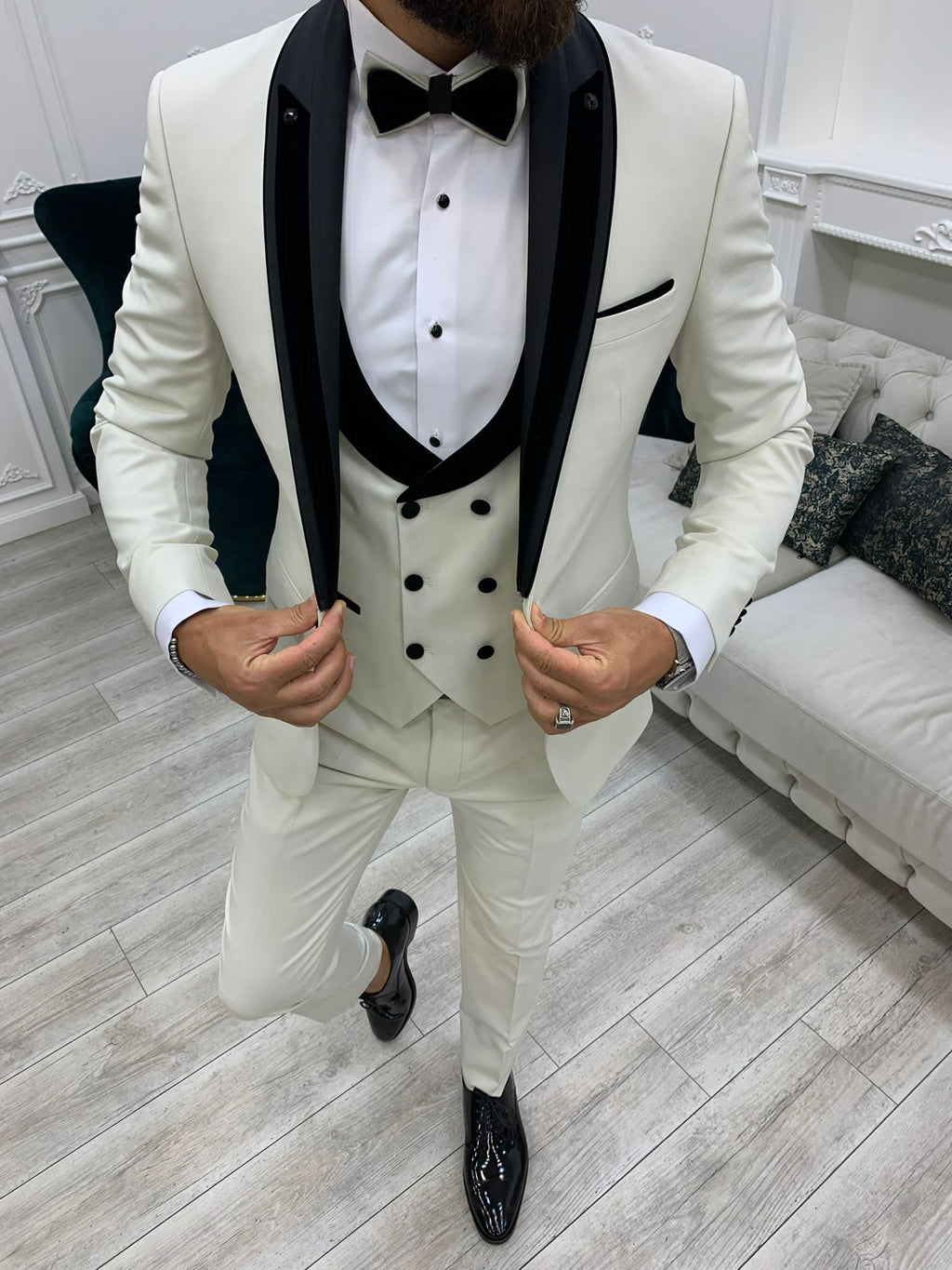 Fettachi White Slim Fit Velvet Peak Lapel Tuxedo-baagr.myshopify.com-1-BOJONI