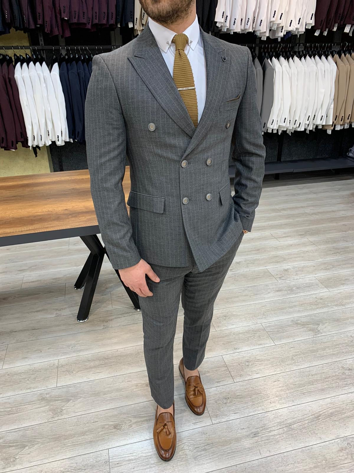 Zapali Gray Double Breasted Slim Fit  Suit-baagr.myshopify.com-1-BOJONI