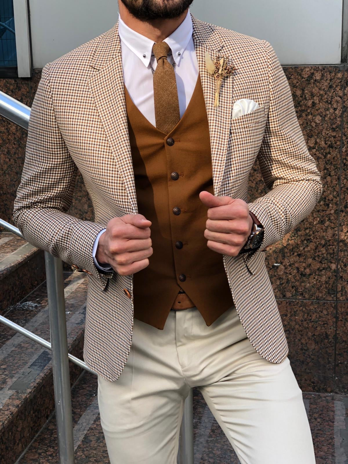 Slim-Fit Plaid Suit Vest Camel-baagr.myshopify.com-suit-BOJONI