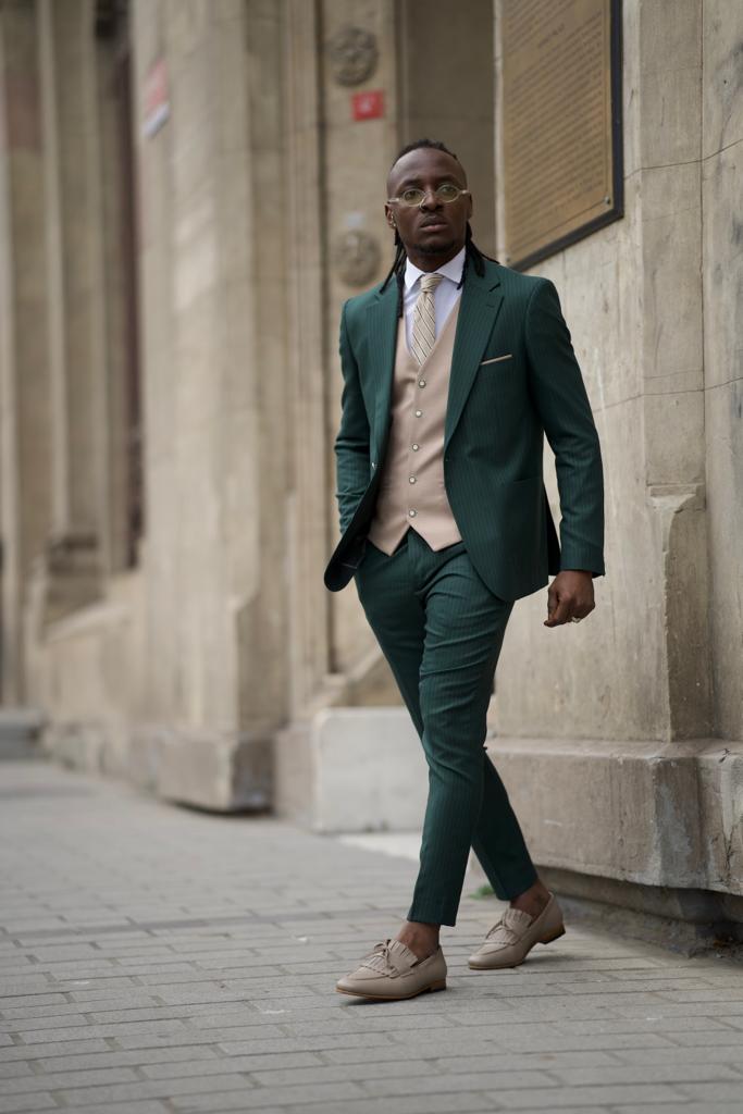 Bojoni Shagori Slim Fit Striped Green  Suit