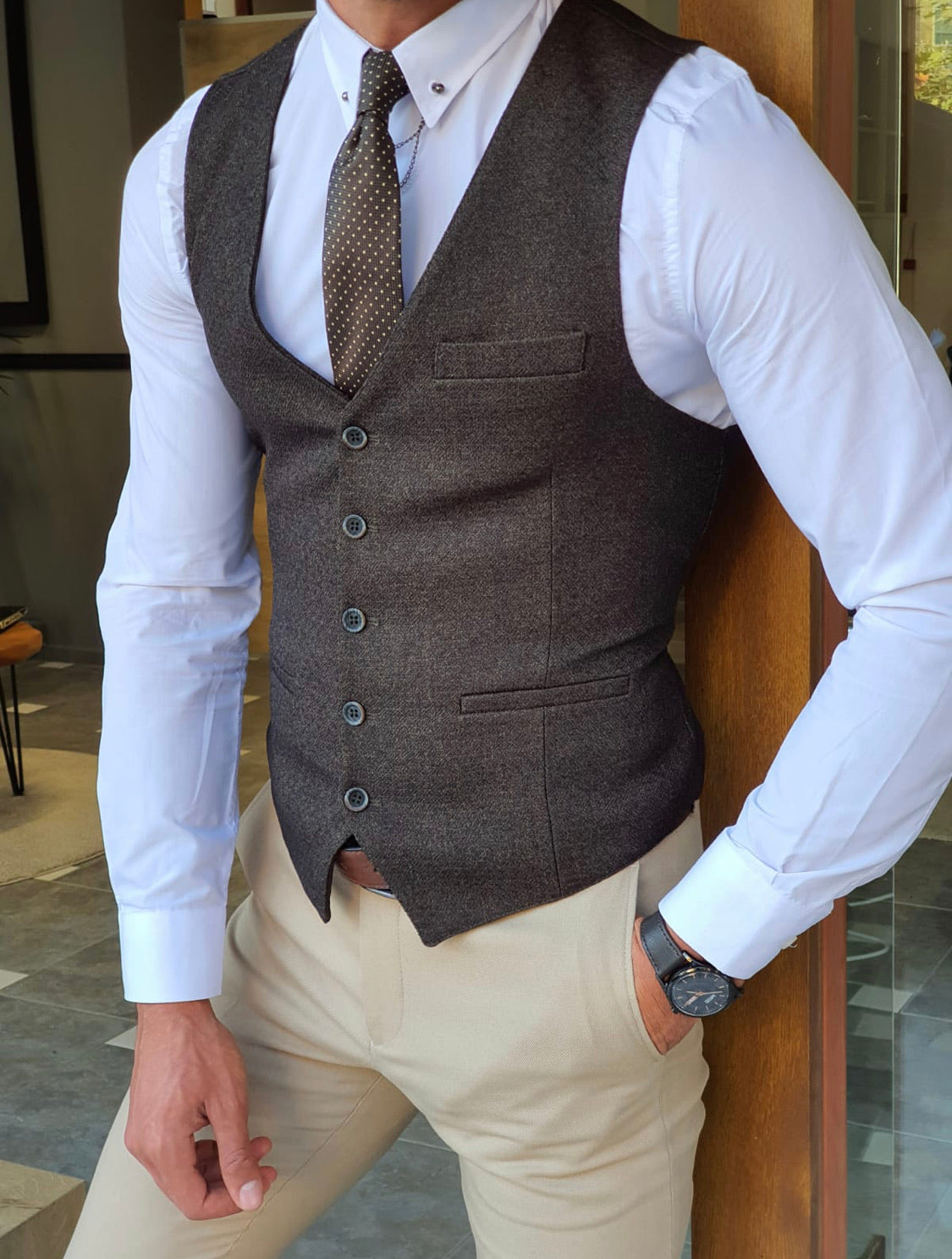 Daroni Khaki Slim Fit Vest-baagr.myshopify.com-suit-BOJONI