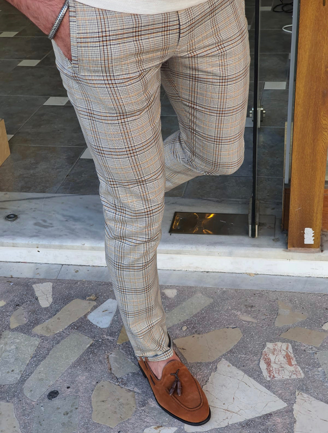 Vicenza Brown Slim Fit Plaid Pants-baagr.myshopify.com-Pants-BOJONI