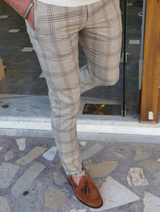 Vicenza Brown Slim Fit Plaid Pants-baagr.myshopify.com-Pants-BOJONI